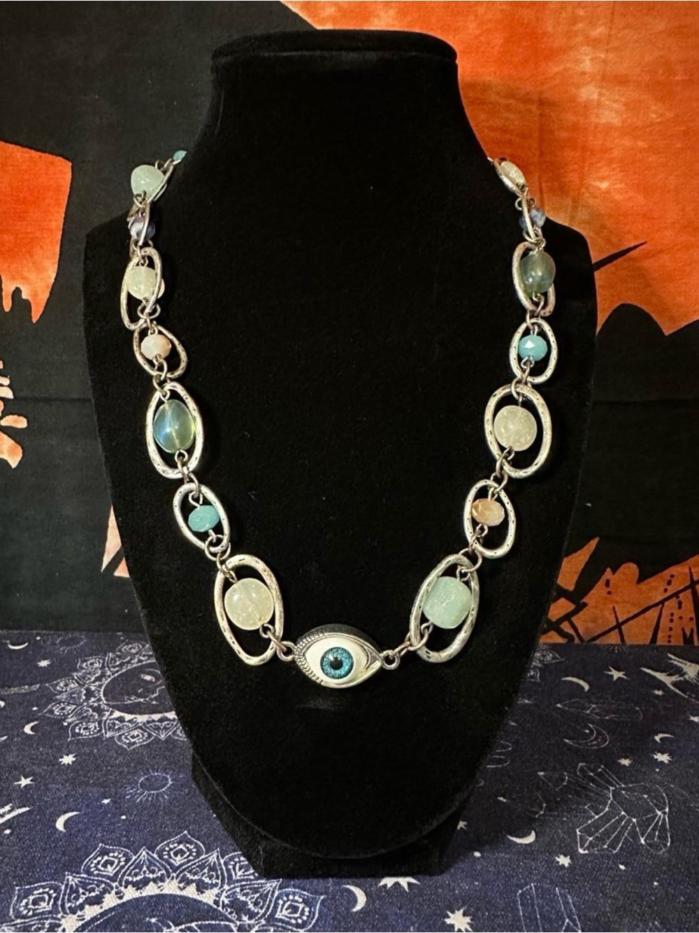 Eye Pendant Necklace with Silver-Tone Linked Stones